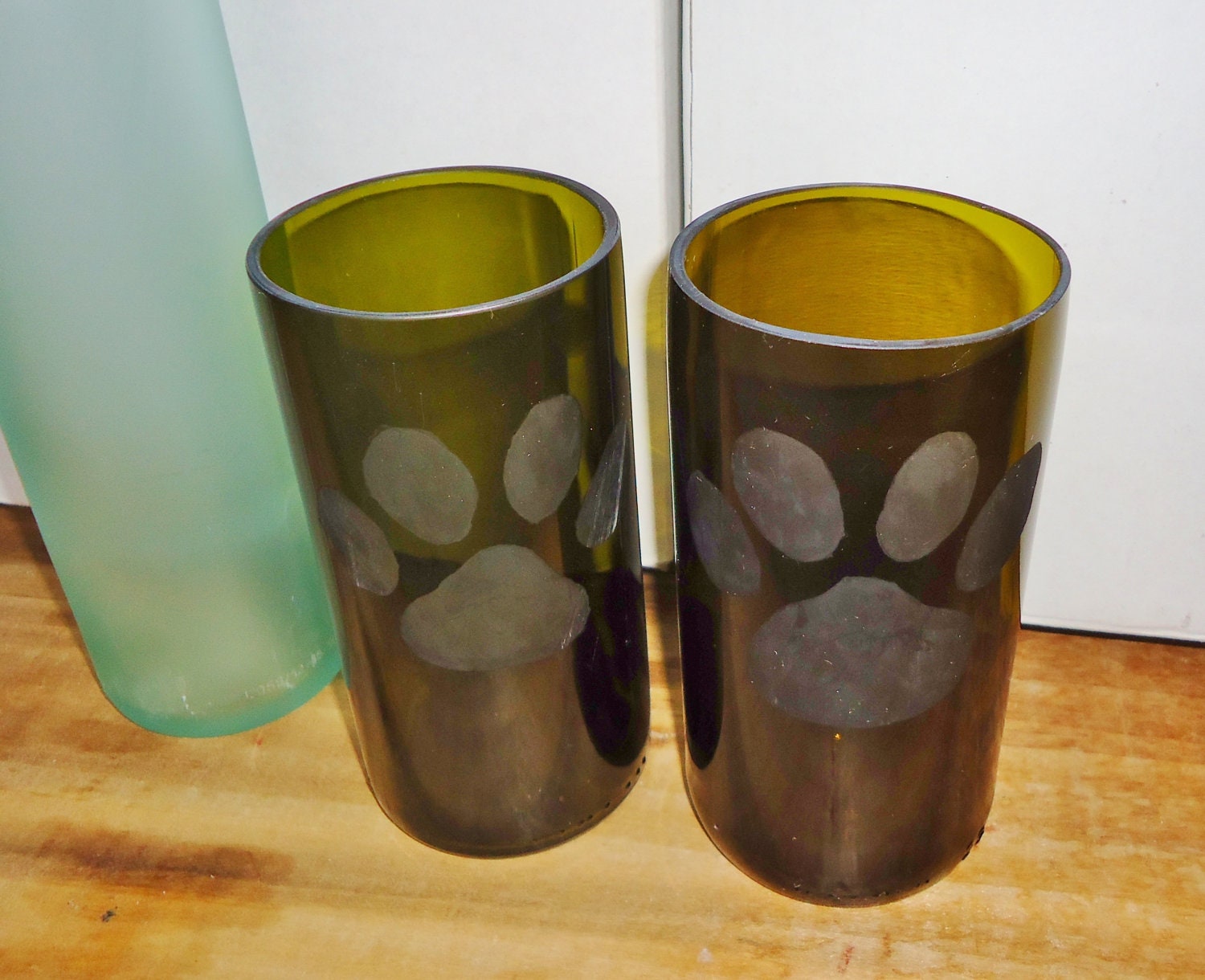 Recycled Wine Bottle Glasses with Hand Etched Paw Prints Set of 2