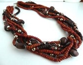 Vintage Wooden Multi-Strand Beaded Necklace With Silvertone Beaded Accents