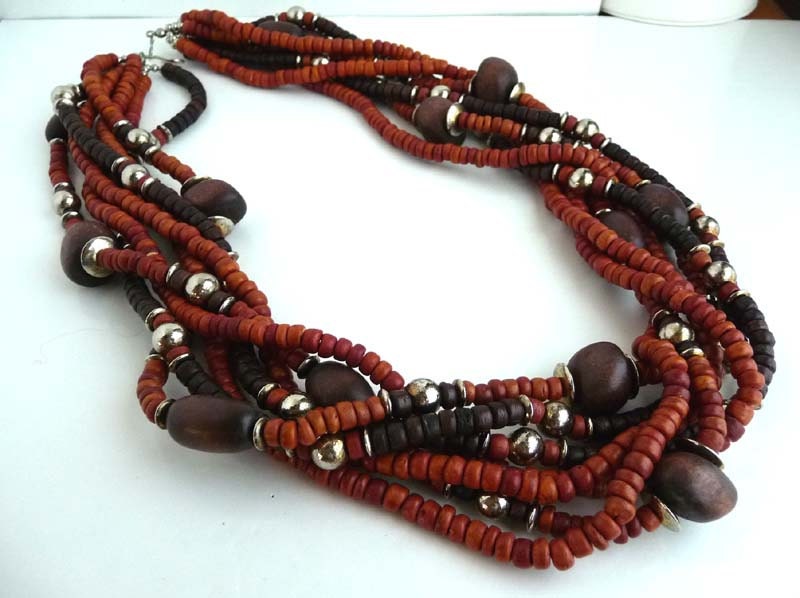 Vintage Wooden Multi-Strand Beaded Necklace With Silvertone Beaded Accents