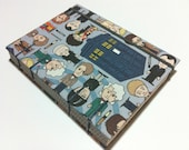 Tardis and Incarnations of the Doctor - Dr Who Fabric Handmade Journal Notebook - Coptic Stitched