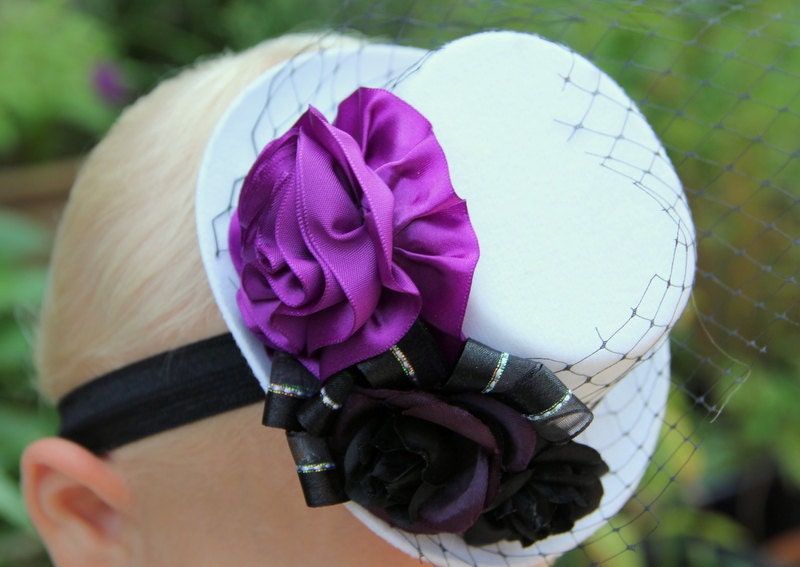 Sophisticated in Satin & Black purple,white mini top hat fascinator headband  for girls,  woman tea party, victorian, goth, steampunk