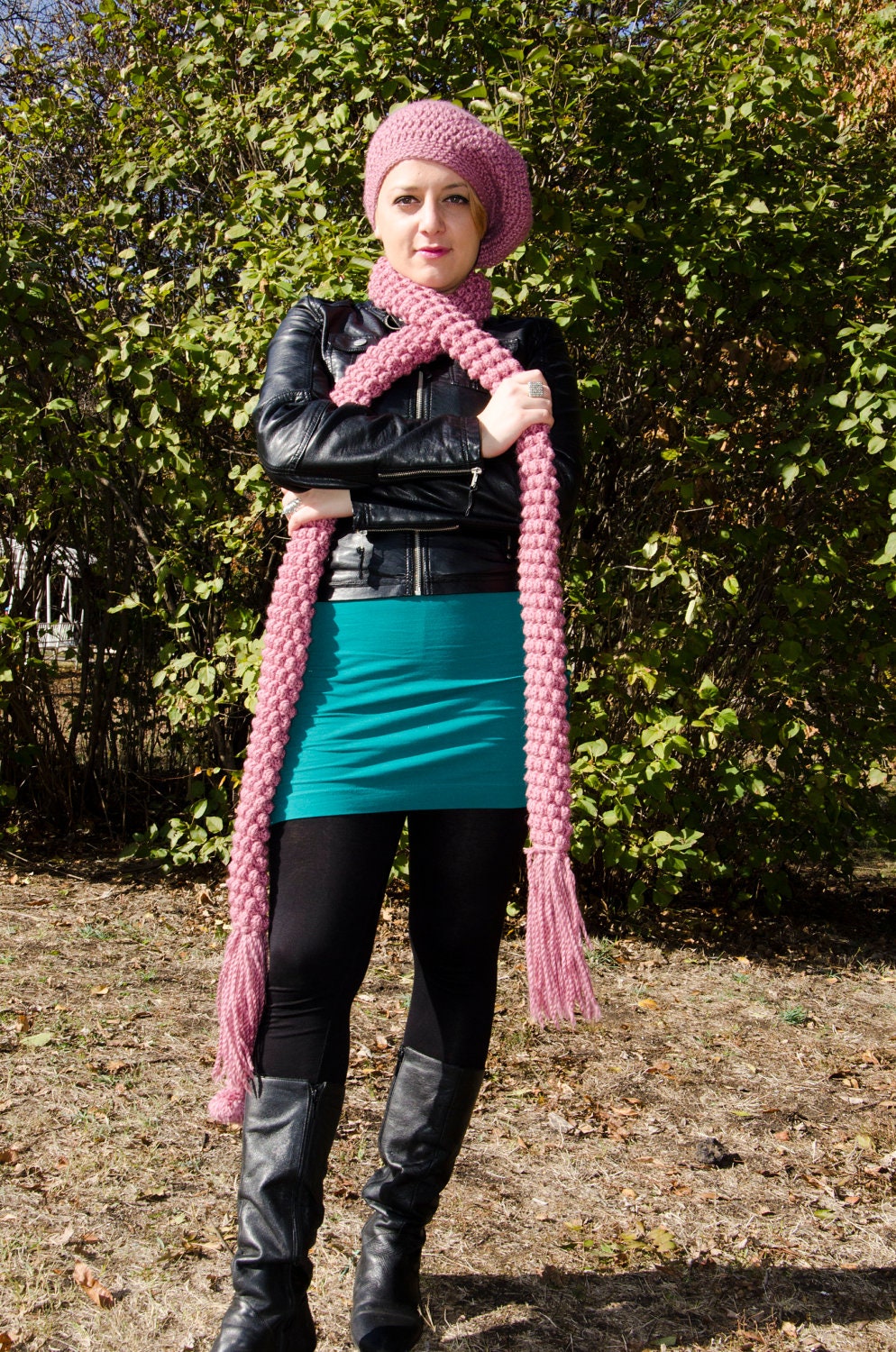 Long winter pink scarf crochet handmade