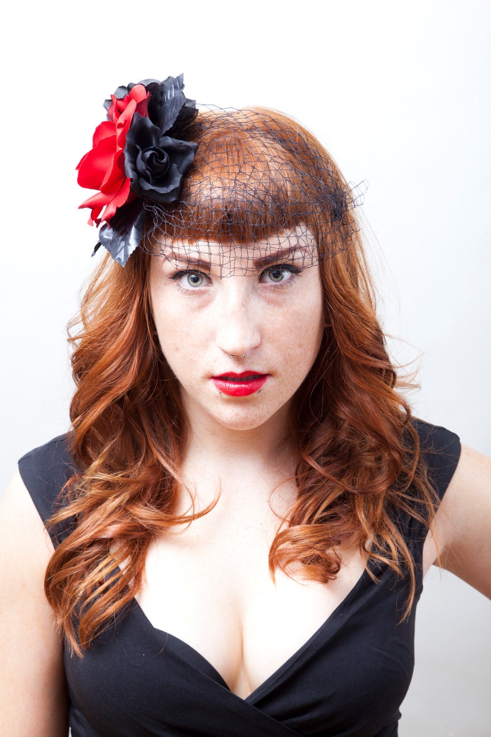 Red & Black Rockabilly Veil Fasinator