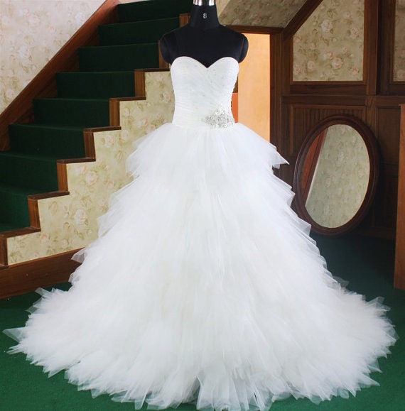 Tulle Over Satin Ball Gown Sweep/ Brush Train Tiered Wedding Dress