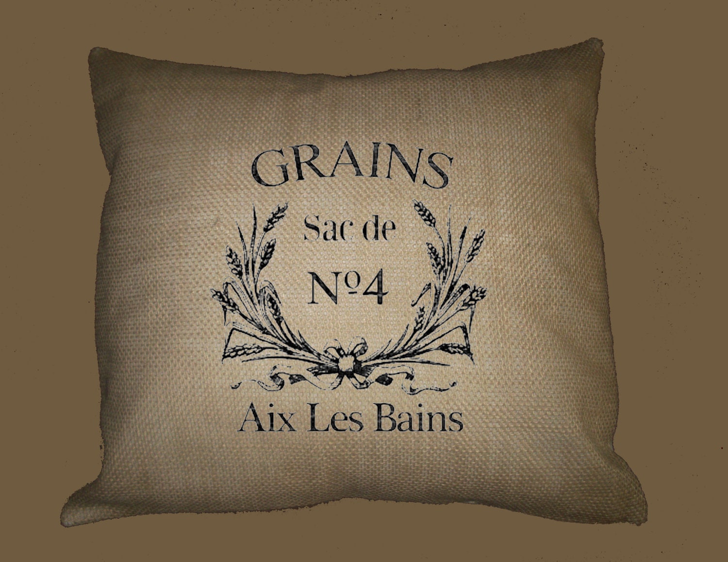 Vintage French Grains Typography on BURLAP pillow slip 16x16 - image in ANY COLOR