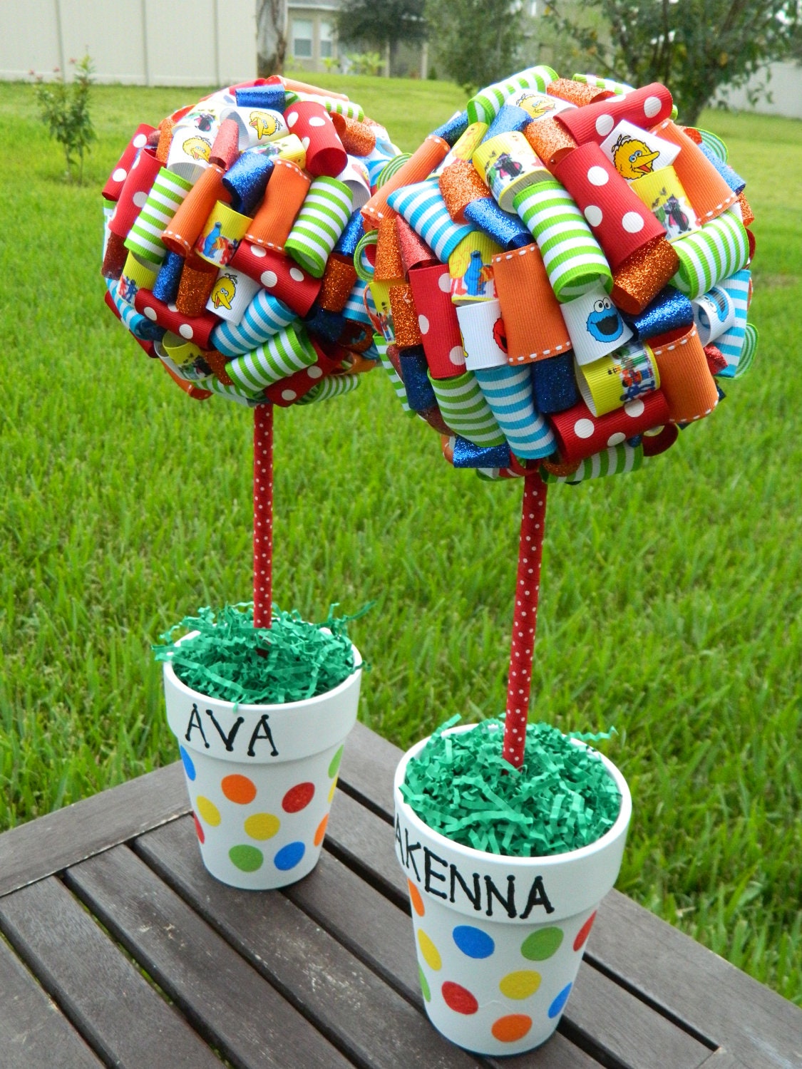 Sesame Street Single Rainbow Ribbon Topiary Centerpiece with Matching Polka Dot Pot Il_170x135