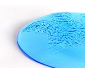 Aqua-coloured glass serving plate/platter, with leaf pattern