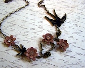 On Sale - Soaring Bird Detailed Branch Mauve Pink Metal Flower Statement Necklace / Gift for Her