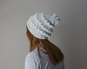 Slouchy Beanie Hat with Pom Pom - For Her - Women's Fashion Accessory - Heather Grey and White (Made To Order)