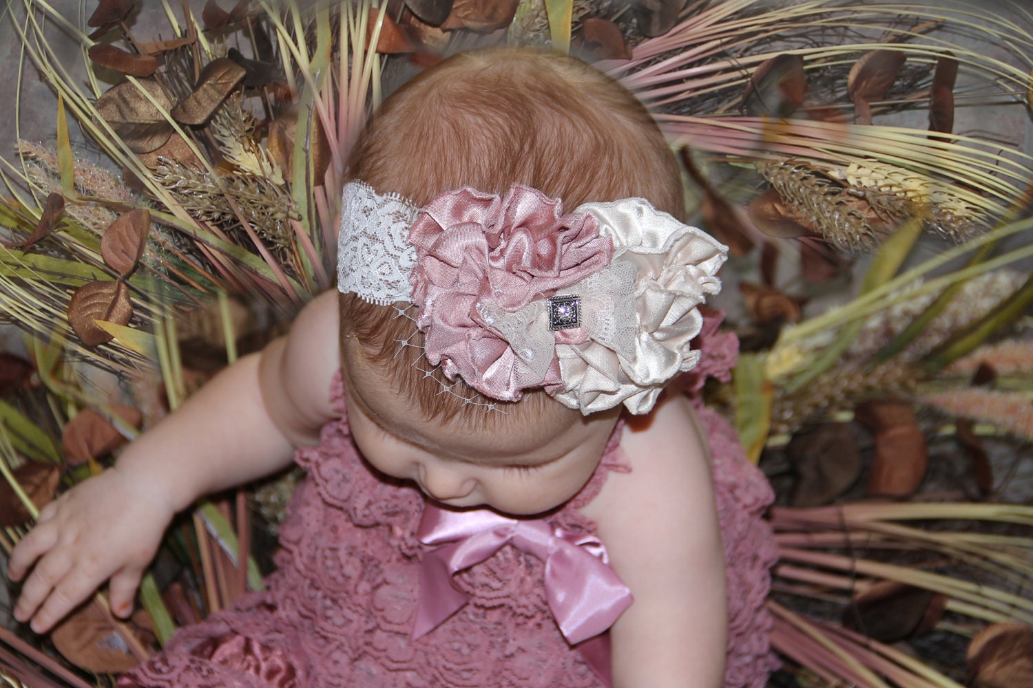 Headband AND Dusty Rose Ruffled Lace Petti Romper Set - Mix and Match Colors - Matching Shabby Chic Headband - Toddler, Baby, Girl, Child