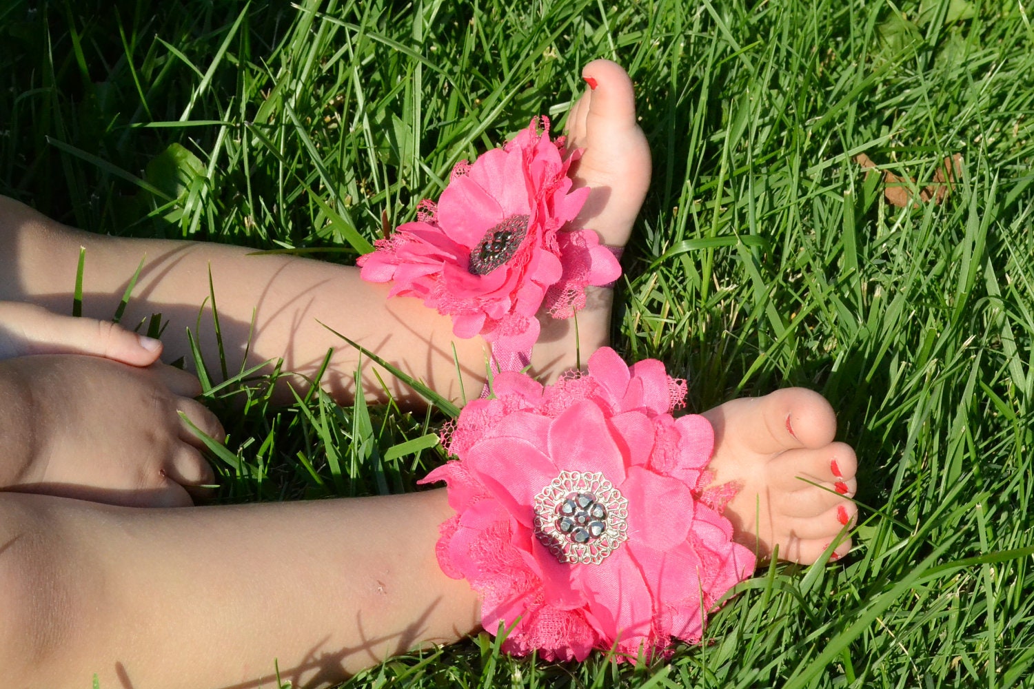 Hot Pink Baby Barefoot Large Shabby Flower Sandals for Newborn Baby or Toddler Girls, Baby Booties,  Baby Sandles