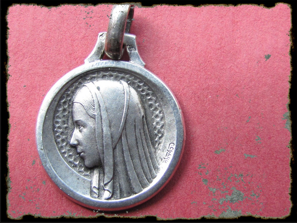 Antique French sterling silver Virgin Mary medal- religious pendant-