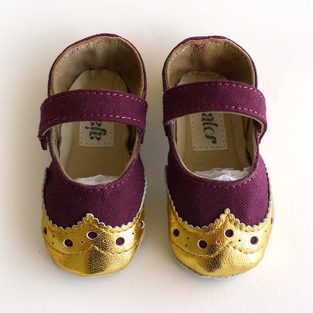 Baby Girl Shoes Burgundy Canvas with Brogued Gold Leather Dress Crib shoes Mary Janes