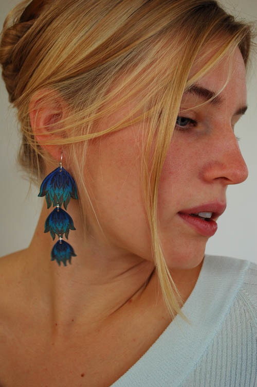 Turquoise and Cobalt Triple Lotus Lasercut Wooden Earrings