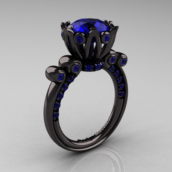 French Antique 14K Black Gold 3.0 Carat Blue Sapphire Diamond Solitaire Wedding Ring Y235-14KBGBS