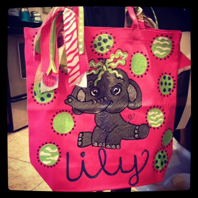Elephant, Custom, Hand painted, Bag, Tote, Diaper Bag, Purse, monogrammed, personalized