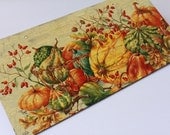 Decoupaged Wooden Plaque, Thanksgiving, Autumn, Pumpkin, Guord, Orange, Mod Podge, Crackled Background, Handmade