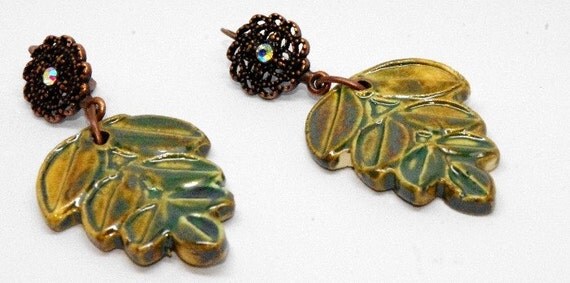 Porcelain Mossy Green Leaf Earrings