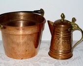 Set of 2 Vintage Copper Bucket and Tea Pot with Black Wrought Iron Handle and Brass Hardware