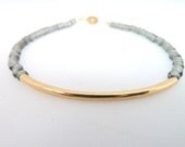 Gray Bar bracelet, 22k gold plated bar beaded bracelet /Silver Matte Grey seed beaded bracelet with a 22k gold plated curved bar