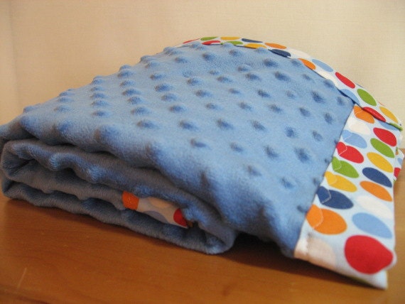 Bubble Dot Minky Blanket - Primary Blue Minky, Blue Satin Back, Primary Dots Binding - Soft, Cuddly, Warm