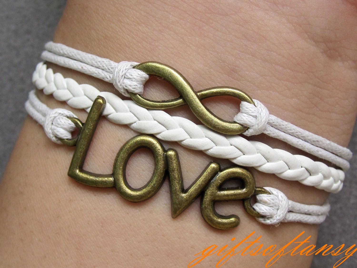 Karma Bracelet - Silver Infinity Bracelet, Silver Love Bracelet , White Wax Cords & Leather Braid Chain-W277