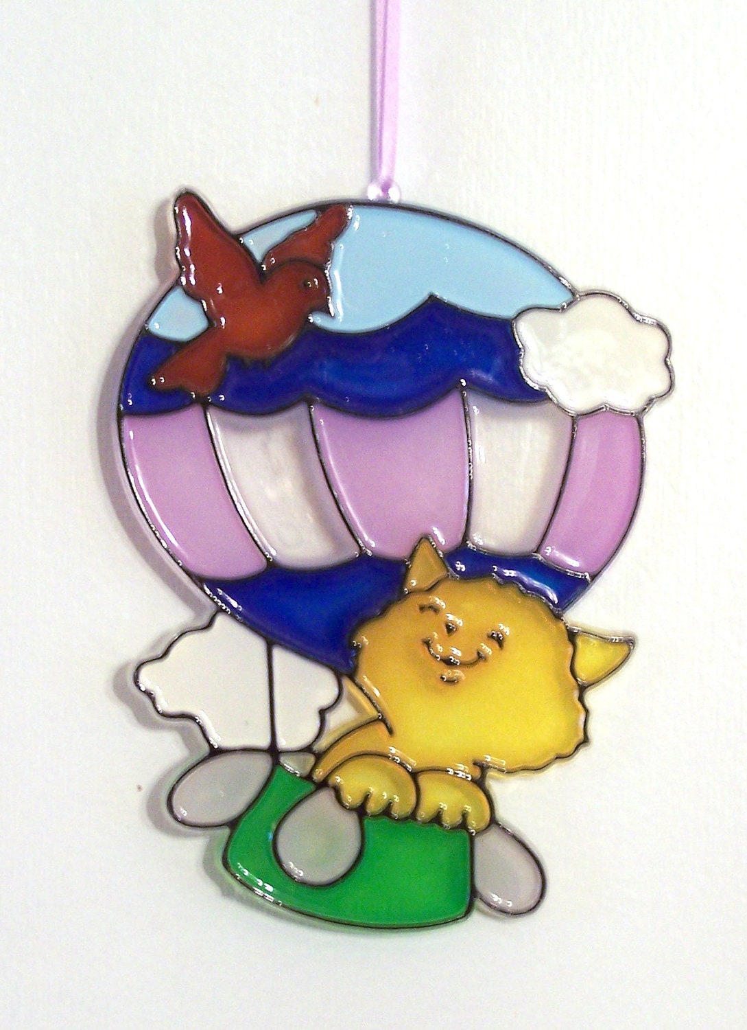 ORNAMENT - Kitten In Balloon - Acrylic - Yellow - Purple - Blue - Green - Red - Hand Stained