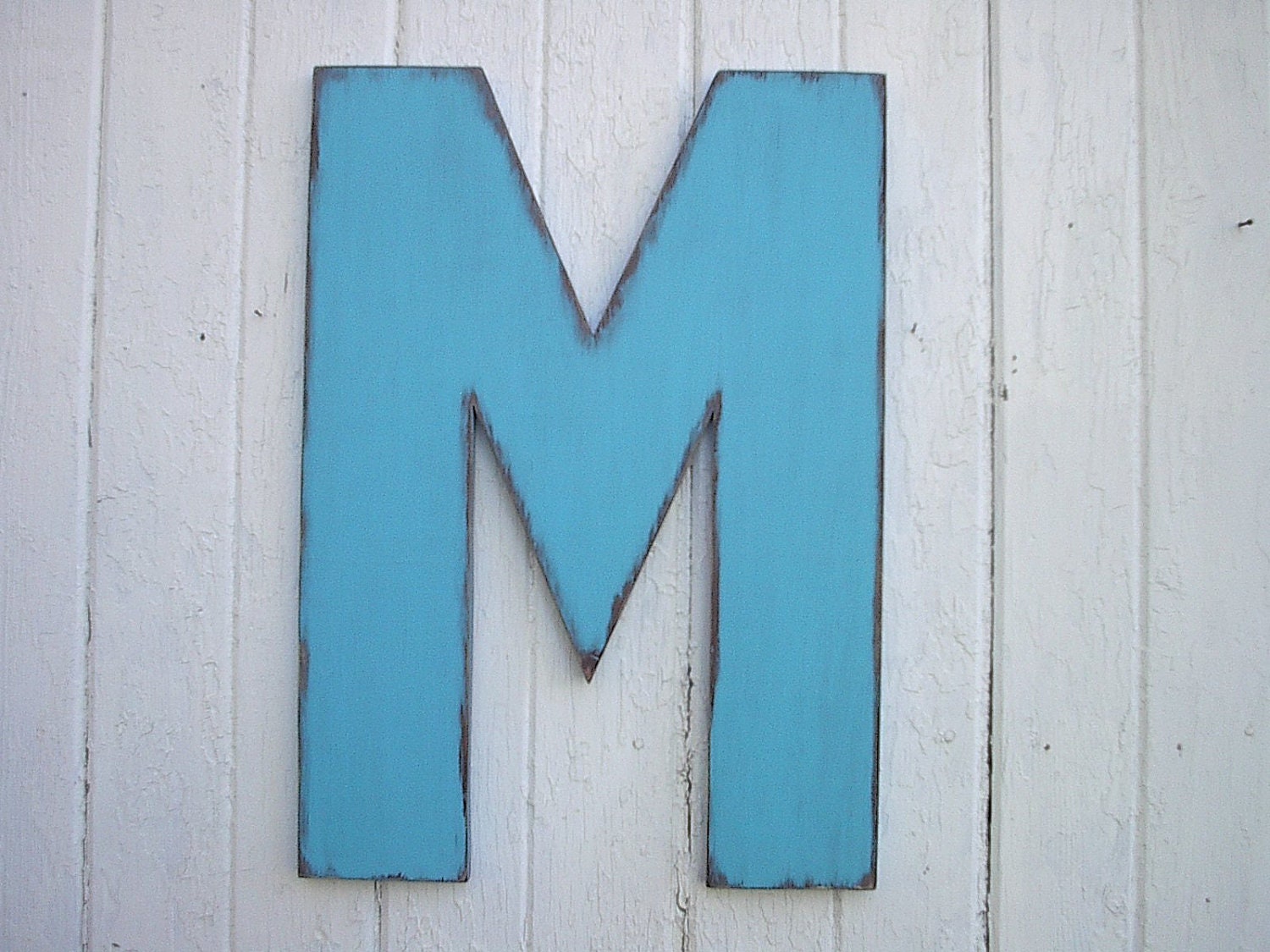 Shabby Chic Decor Wooden Letter "M" 24" Blue 2 foot Rustic Wall Hanging Cabin Country Cottage Decor