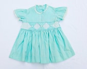 Vintage 1940's Baby Girl Dress, aqua, homemade, diamond pattern bust, short sleeves - HeySweetiePieShop