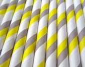 25 GREY, YELLOW and WHITE Striped Paper Straws with Party Flags - Cake Accessory Lollipop Sticks - Baking Craft Party Supplies Il_170x135