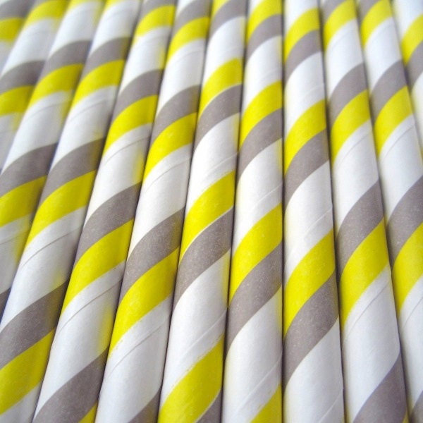 25 GREY, YELLOW and WHITE Striped Paper Straws with Party Flags - Cake Accessory Lollipop Sticks - Baking Craft Party Supplies Il_570xn