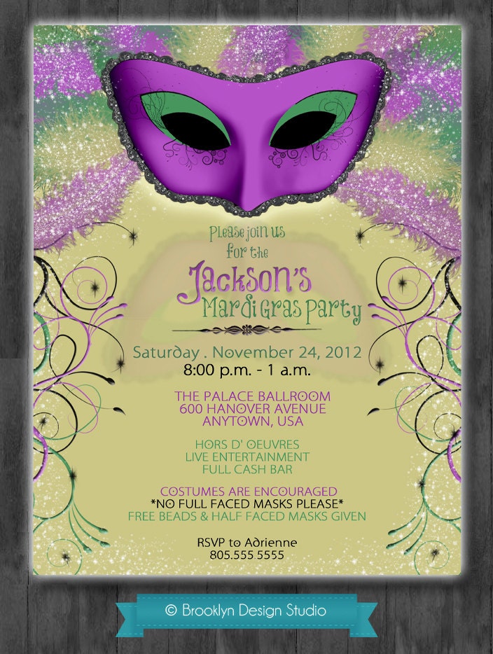 Masquerade Party Custom Designed Invitation - Gold,Purple,Green and Black -  Masquerade or Mardi Gras Theme - Digital File