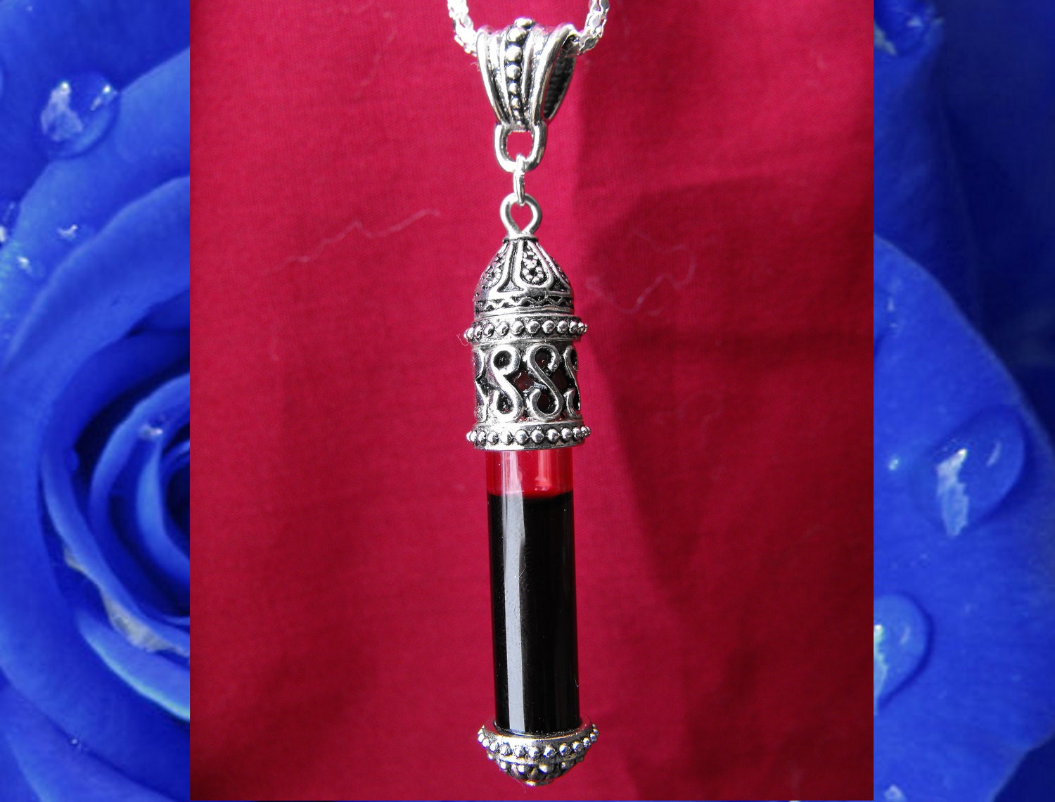 Celtic Swirls - Vial of Blood Pendant - Silver Memento Mori Vampire Necklace - by Amanda Olivo