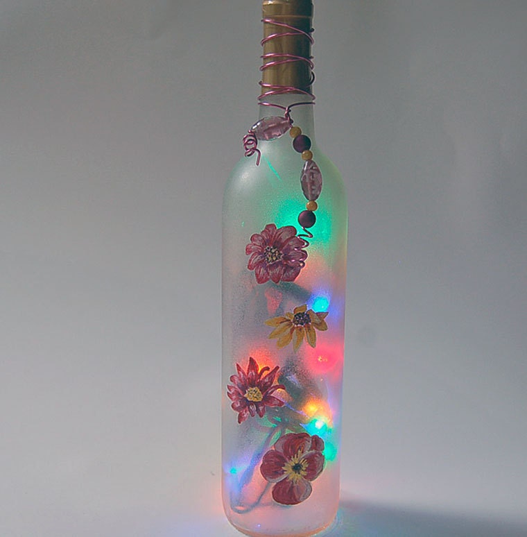 Wine bottle light, flower, hand painted, frosted, home decor
