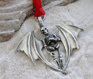 Pewter Skeleton with Bat Wings Gothic Halloween Christmas Ornament and Holiday Decoration (24A)