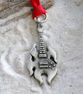 Pewter Guitar Electric Flame Christmas Ornament and Holiday Decoration (53D)