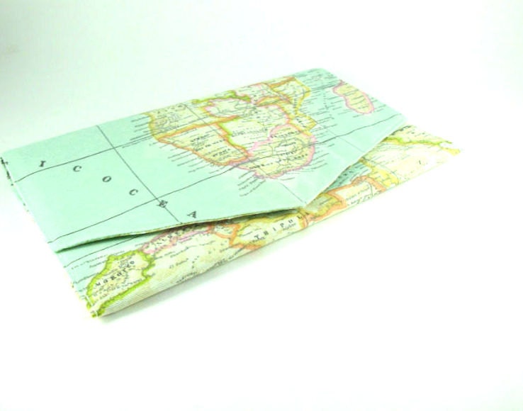 Cotton Fabric  clutch, retro design, map, hand bag, christmas, bag, blue, handmade