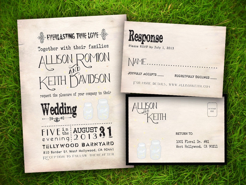 Wedding Invitation and RSVP Card Suite - Vintage Rustic MasonJar Customizable Double Sided Print