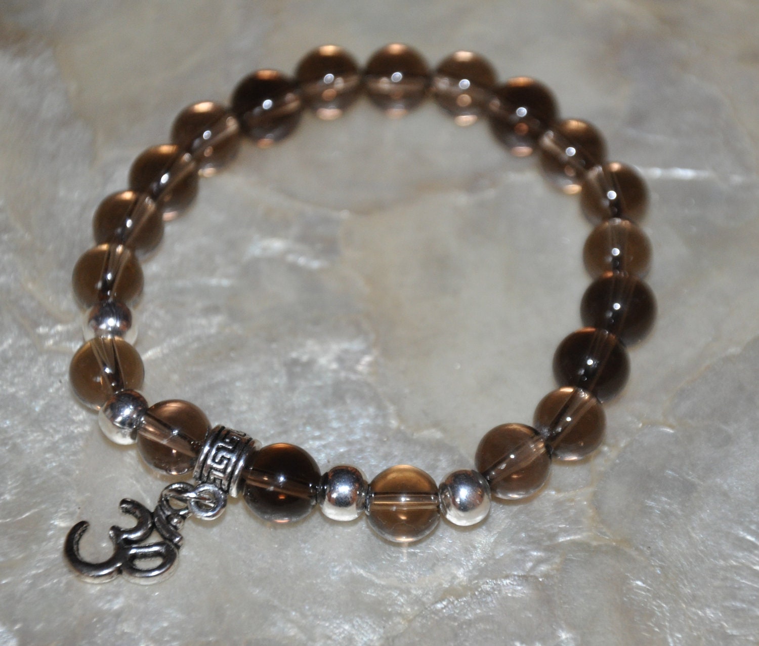 Energy Smoky Quartz Beaded bracelet , OM Charm ,  Yoga Bracelet , Meditation, Tibetan , Healing Bracelet