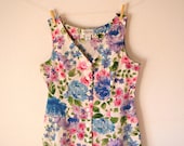 Vintage. 90's. White Floral Maxi Dress. Tank. Sleeveless. Multicolored. V Neckline. Button Up. Fit N Flare. Romantic. Boho. Spring. Large.
