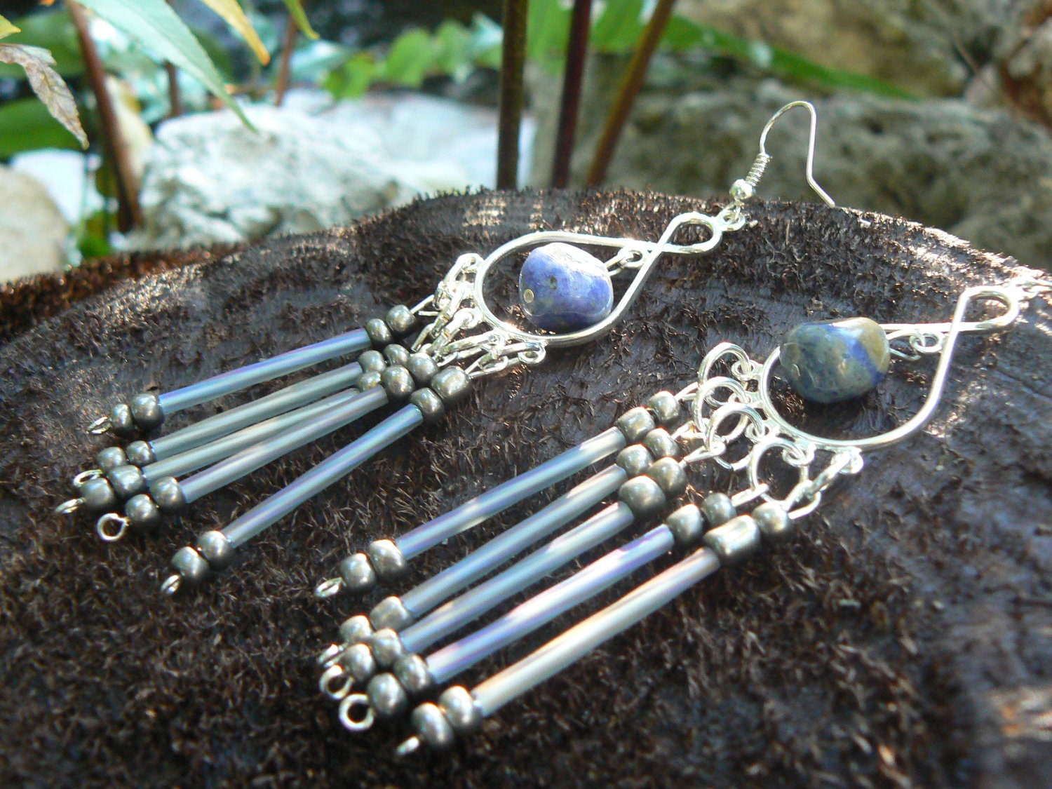 Sodalite chandelier earrings dangle  drop hoops vintage beads belly dancer native american inspired gypsy boho hippie style
