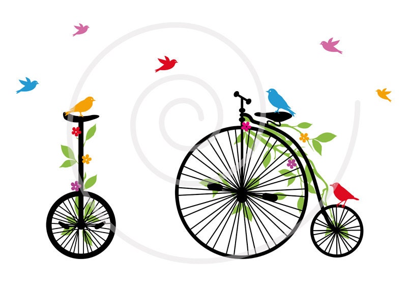Old vintage bicycle with birds, leaves and flowers, bike, digital clip-art, clipart, clip art, vector, printable, print, instant download