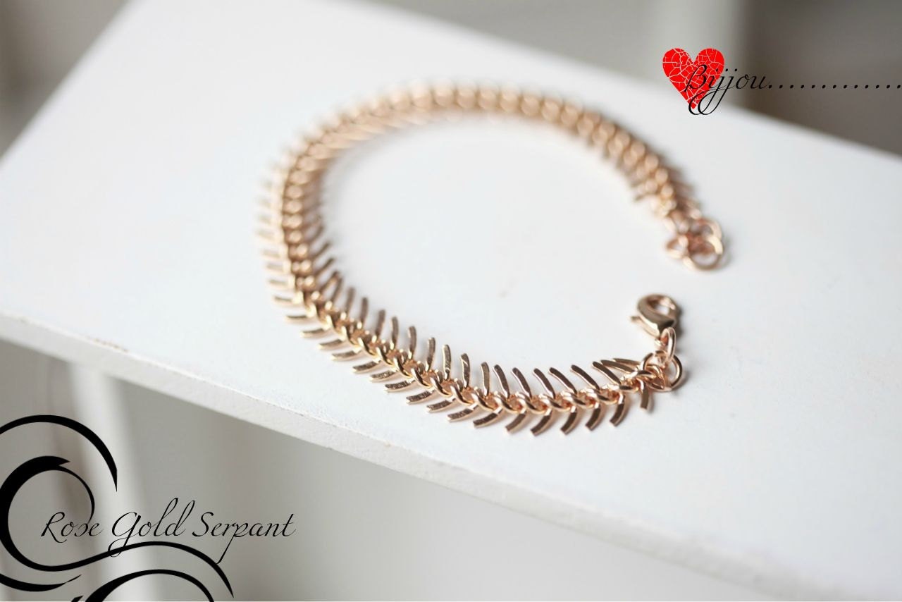 ROSE GOLD Fishbone Bracelet -Rose gold Serpant Chain Link Bracelet - Chain bracelet