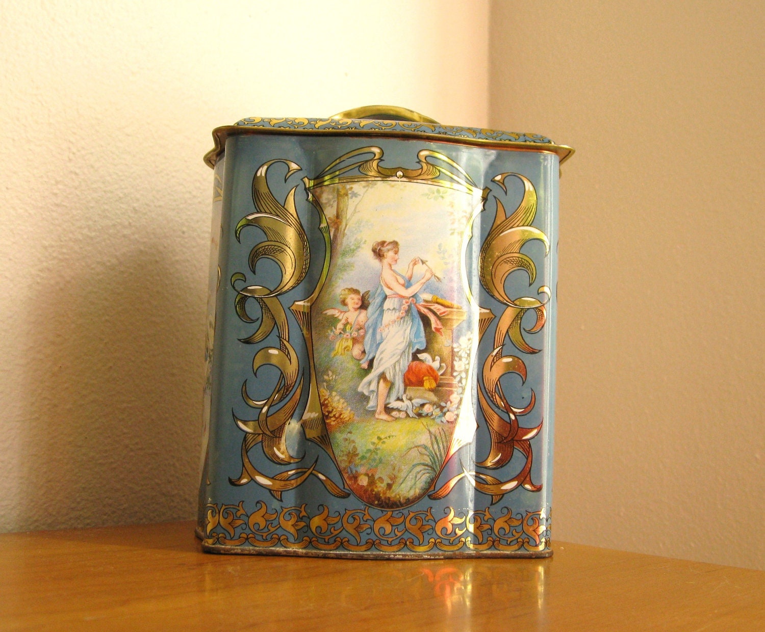 Vintage English Cookie Tin, Blue Tin with Woman and Cherub, The Tale of Eros and Psyche, Made in England