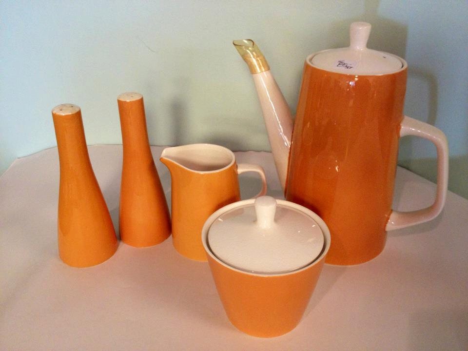 Vintage Coffee serving set, Mid Century Modern, Cera-Stone, Tea Pot, Shibui Japan Color Coordinates Butterscotch and White