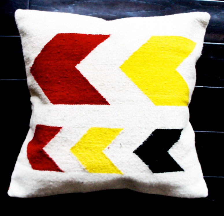 Chevron Throw Pillow- Hand Woven Wool Pillow Cover- Red, Yellow, Black and White Chevron Stripe