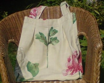 Reusable Fabric Tote Bag, Cream with Flower Print, Pleated Front, made ...