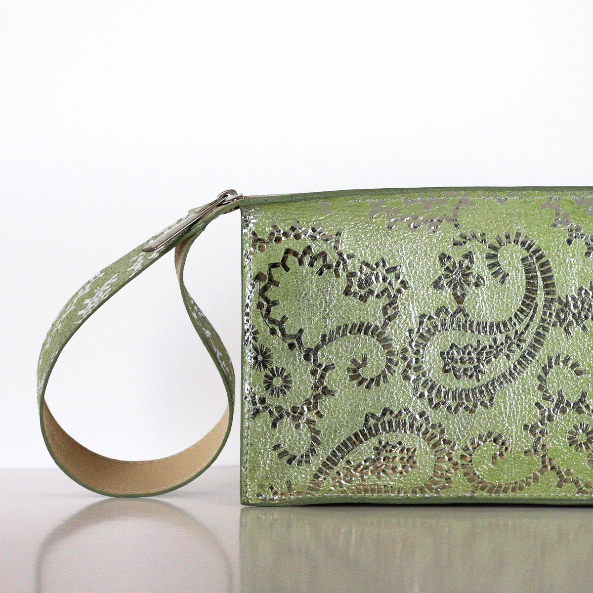 Silver patterned leather clutch, green evening purse, leather purse with wide handle, women leather handbag, small purse,