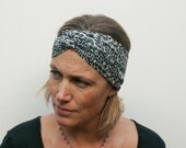 womens headband 2 styles in 1 knotted twist or intertwined turband in white, grey and black animal print fabric