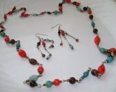 Jewelry Set, Necklace Earring Set, Coral Brown and Aqua Necklace and Earrings,
